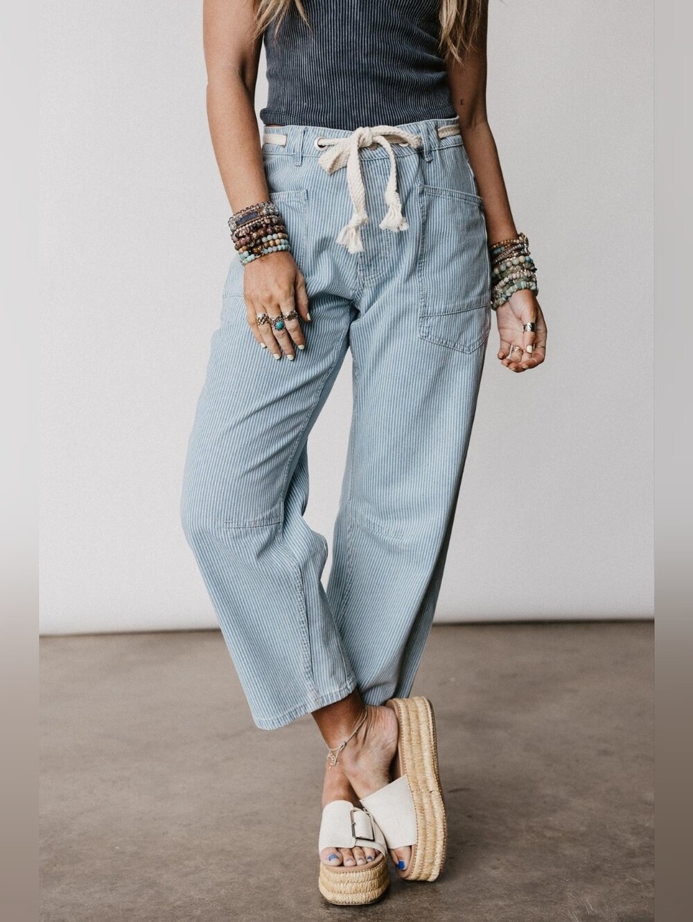 Aaron & Amber Elevated Eyelet Barrel Jeans Light Blue Striped